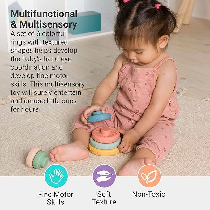 BabyToLove Stack & Learn Rings | Montessori Stacking Toy for Babies | 6 Soft Sensory Baby Rings for Learning & Development | Early Childhood Stacking Toy | Fun Shapes