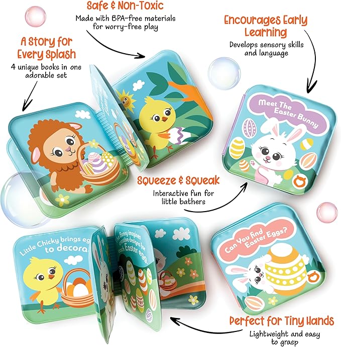 Bath Book Set for Babies & Toddlers ??4 Colorful, Soft, and Waterproof Bath Books with Bunny & Animal Friends ??Fun Bath Toys & Basket Stuffers ??Perfect for Easter & Baby Showers