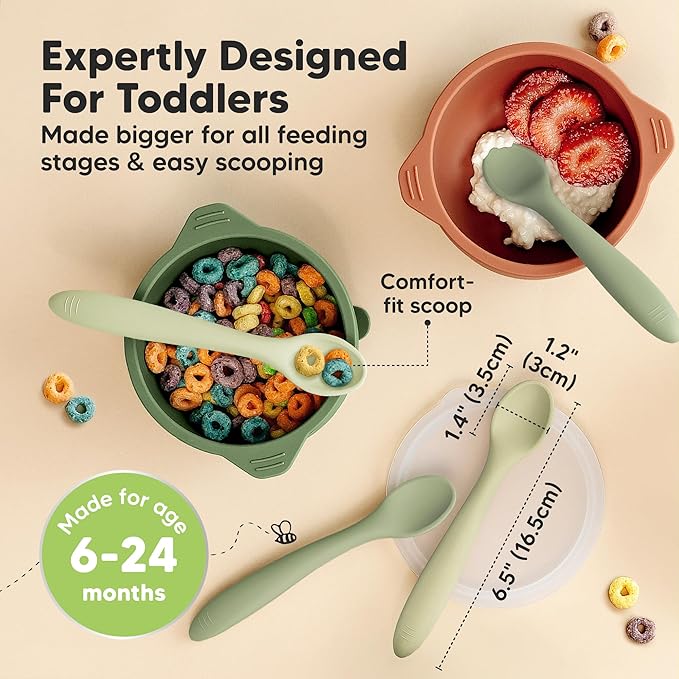 KeaBabies Silicone Baby Spoons, Self Feeding 6-12 months - 3-Pack Baby Weaning Eating Utensils, Toddler First Food Training Spoon, Infant, Kids Feeding Supplies Essential Set, Dishwasher-safe (Sage)