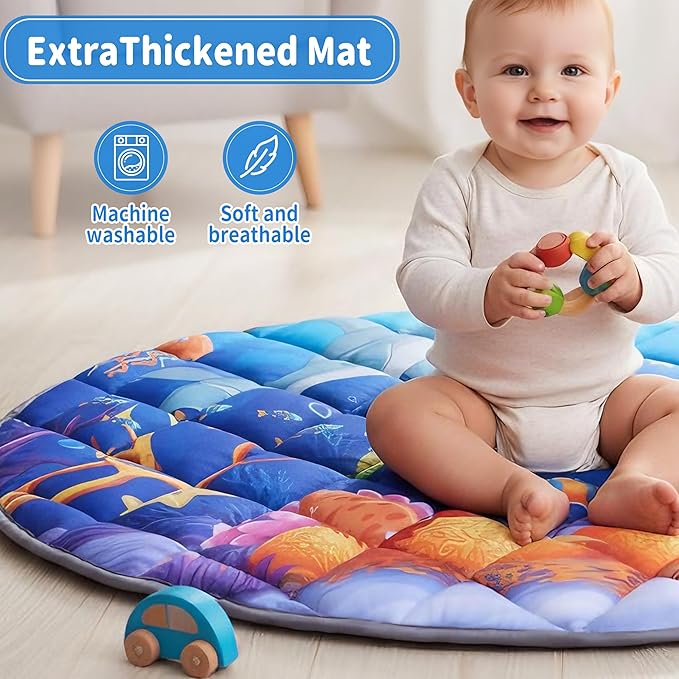 Yeeeasy Ocean Theme Baby Play Gym Mat, Tummy Time Activity Mat with 5 Detachable Marine Toys, Sensory & Motor Skill Development for 0 3 6 9 12 Month Baby and Newborns, Vibrant Deep Blue
