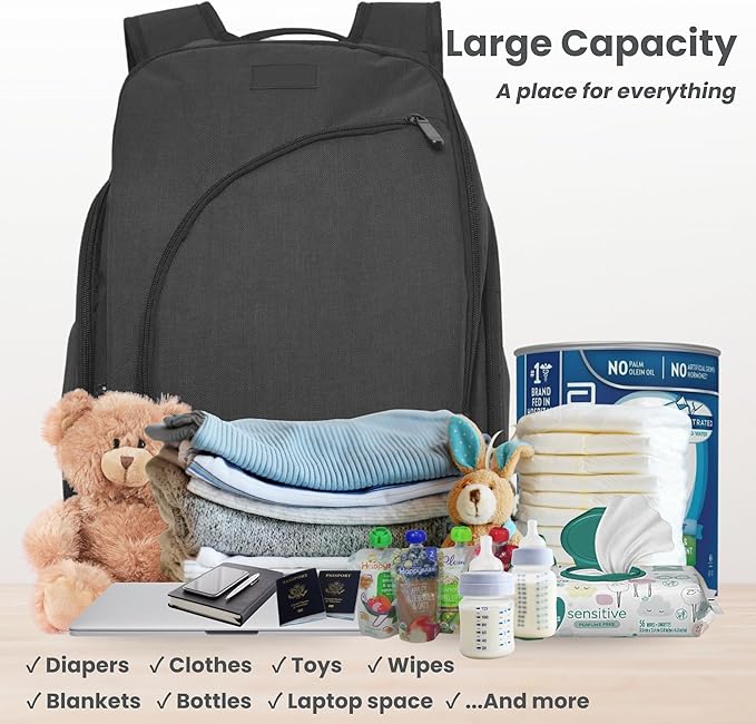 JOHAR Diaper Backpack - Spacious, Waterproof with Changing Pad, Insulated Pockets, Anti-Theft Pocket - Black