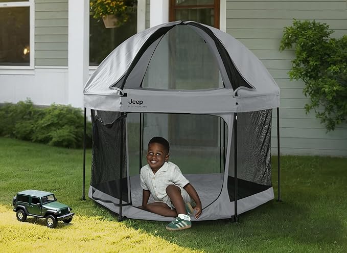 Jeep Hexagon Pop Up Play Yard with Removable Canopy | Ideal for Indoor and Outdoor Use, Grey