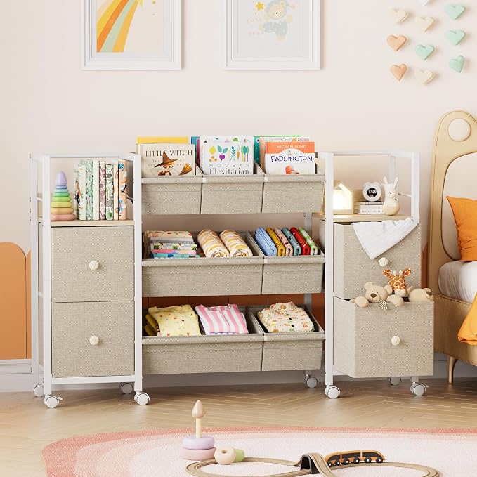Kids Toy Organizers and Storage Bins - 7 Storage Bins + 4 Fabric Drawers + 2 Bookshelf, Playroom Storage, Mobile Cart Organizer for Toy, Clothes, Blankets and Books - Off White