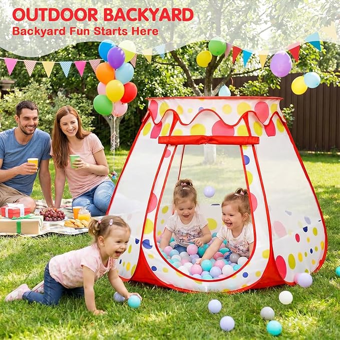 PopUp Princess Tent, Toddler Girl Toys Baby Ball Pit with LED Star Lights, Foldable Kid Play Tent with Carrying Bag, Indoor Outdoor 1 2 3 Year Old Girls Toy Gift for Birthday/Christmas, Red