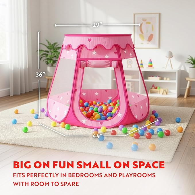 Playz Ball Pit Princess Castle Play Tent for Girls w/ 50 Balls Included - Pop Up Children Play Tent for Indoor & Outdoor Use - Playland Playhouse Tent w/ & Glow in The Dark Stars & Zipper Storage Case
