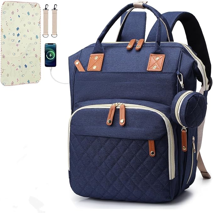 Black Diaper Bag Backpack, Multifunctional Waterproof Mommy Bag with Changing Pad, USB Port, Stroller Straps, Large Capacity Baby Travel Bag (blue)
