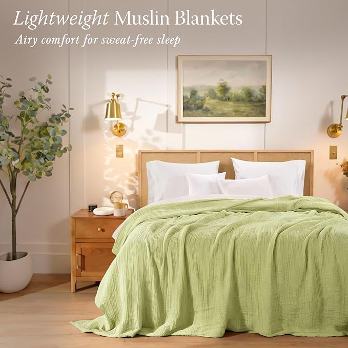 Threadmill Muslin Blanket for Twin Size Bed | 4-Layer Gauze Cotton Throw | Pre Washed, Soft, Breathable, and Lightweight for All Seasons | Ideal Summer Throw Blanket or Bed Blanket | Sage Green
