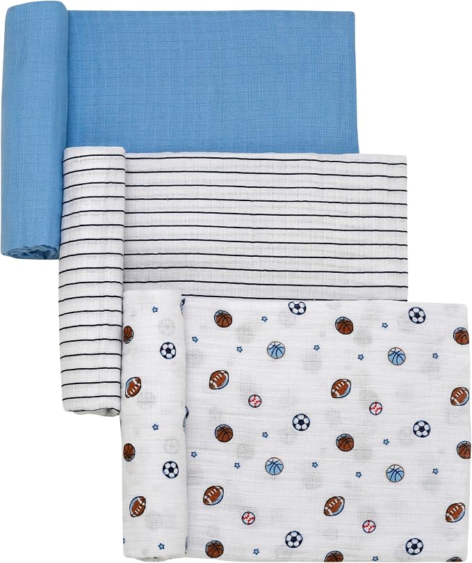 3 Pack Cotton Muslin Swaddle Blankets for Baby, 40" x 36", Lightweight, Breathable, Blue, (All Sports)
