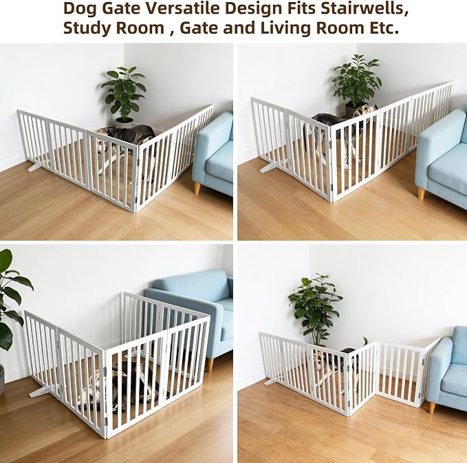 Dog Gate Indoor, Freestanding Dog Fence for The House, Doorways, Hallways,or Stairs,Pet Gate Foldable Wooden,Expandable 24" Height 6 Panels,White