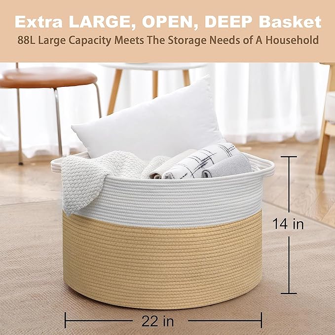 MEGASKET Extra Large Storage Basket, 22??x 22??x 14??Cotton Rope Bins for Storage, Wicker Baby Laundry Basket, Kids, Woven Kids Toy Bin Box, Decorative Baskets for Organizing Clothes, Towels, Blankets