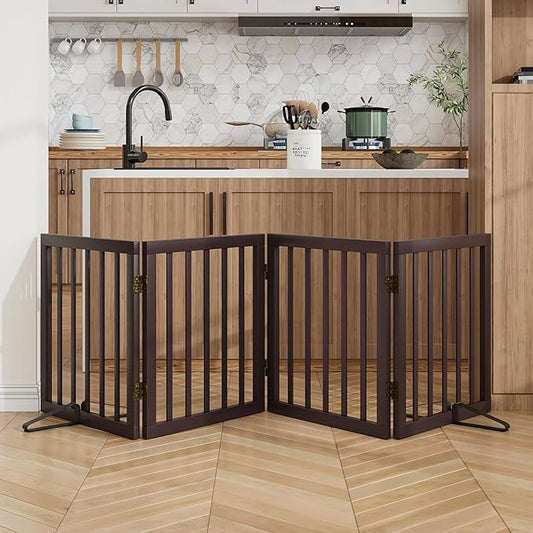 Wooden Dog Gate Freestanding Foldable 4 Panel Pet Gates Extra Wide Dog Gates for Indoor Doorways Stairs 24in Height Support Feet Included
