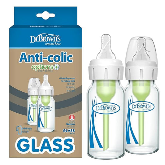 Dr. Brown's Anti-Colic Options+ Narrow Glass Baby Bottle with Level 1 Slow Flow Nipple, BPA-Free, 4 oz/120mL, 0m+, 2-Pack (Packaging May Vary)