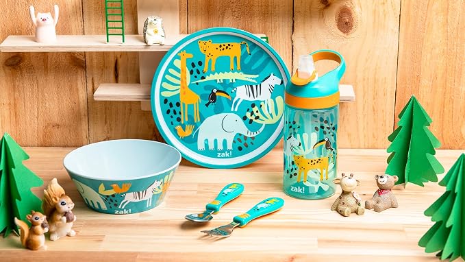 Zak Designs 5-Piece Dinnerware Set, Safari - Durable Plastic & Stainless Steel - Includes Water Bottle, 8-Inch Plate, 6-Inch Bowl, Fork & Spoon - Suitable for Kids Ages 3+
