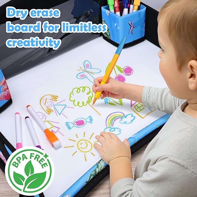 Kids Travel Tray for Toddler Carseat, Road Trip Activities Essentials for Toddler, Kids Lap Desk Tray with Tablet Holder Stand ï¼?Dry Erase Board (Whale)