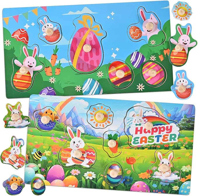 Easter Basket Stuffers-2 Pack Easter Puzzles, Wooden Peg Puzzles for Toddlers 1-3, Montessori Learning Toys, Easter Basket Fillers Gifts Party Favors for Kids Boys Girls