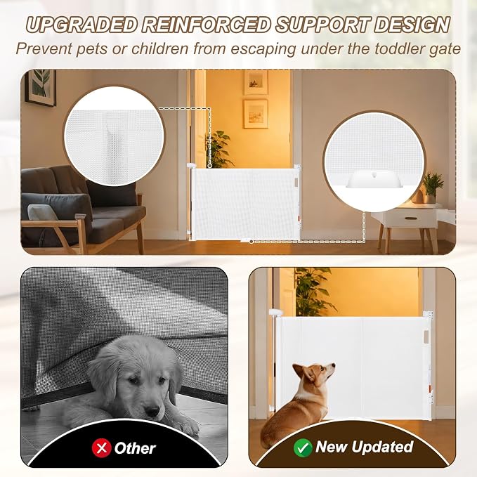 Reinforced 71" Wide Retractable Gate with Reinforced Strips, Indoor/Outdoor Retractable Dog Gate for Doorway Prevent Bottom Drilling Through, Safety Mesh Gate, White