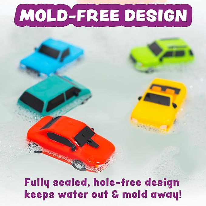 Tub Works® Everyday Cars??Watertight Baby Bath Toys, 6 Pack | Sealed, No Hole Bath Toys Design Keeps Moisture Out | Soft, Squeezable & Floating Fun | Infant, Baby & Toddler Bath Toys | Car Tub Toys