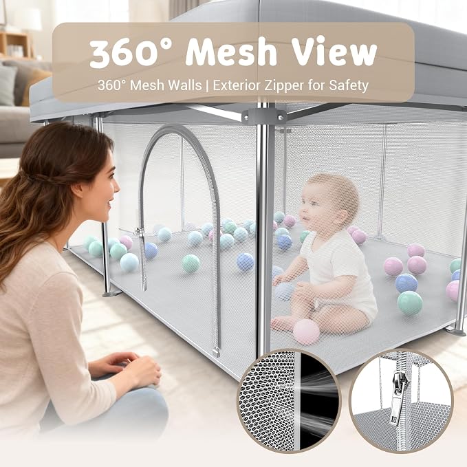 Foldable Baby Playpen, 50"×50" Collapsible Play Yard for Babies and Toddlers, No Assembly Required, Kids Safety Play Area with 4 Handles, 50 Balls and Visible Mesh, (Grey, 50x50 Inch)