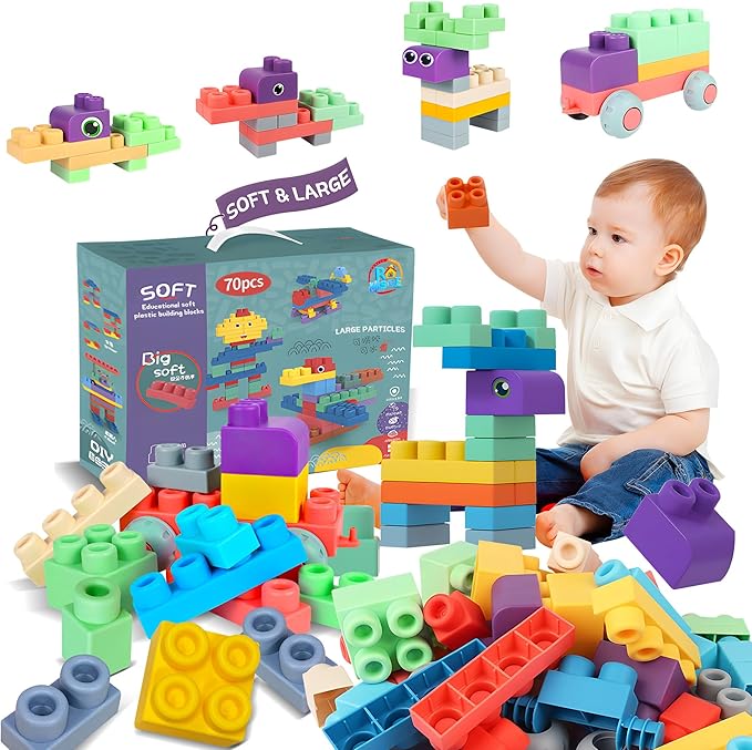 Baby Soft Blocks Building Block Toys, Blocks for Babies 6 Months and Up STEM Educational Toddler Gifts, Soft Rubber Baby Blocks 12-18 Months Big Building Blocks Sensory Toys, 70PCS