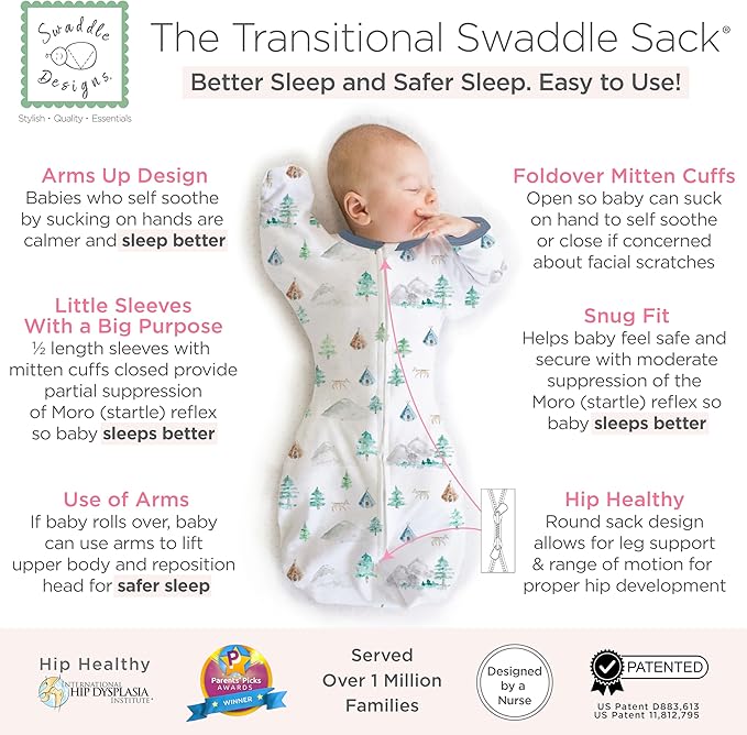 SwaddleDesigns Transitional Swaddle Sack, Arms Up Half-Length Sleeve Mitten Cuff, Most Gradual Transition Swaddle for Newborn