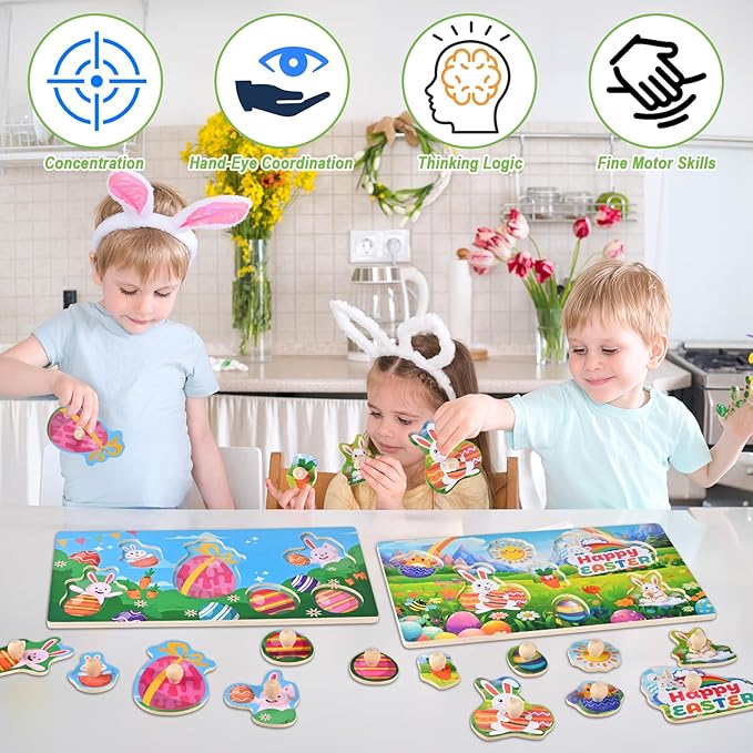 Easter Basket Stuffers-2 Pack Easter Puzzles, Wooden Peg Puzzles for Toddlers 1-3, Montessori Learning Toys, Easter Basket Fillers Gifts Party Favors for Kids Boys Girls
