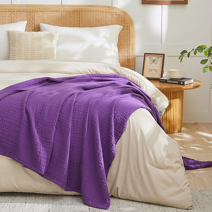 EMME Cotton Muslin Large Throw Blanket Couch 4-Layer Breathable Gauze Blanket Soft Lightweight Bed Blankets Adults (Purple, 50"x71")