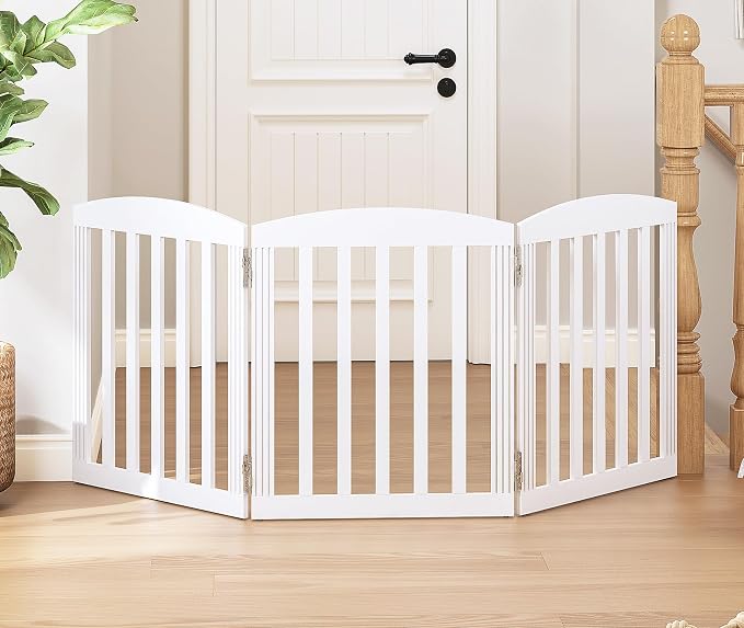 SPIRICH Dog Gate Indoor, Dog Gates for Doorways, Stairs, The House, Wooden Freestanding Foldable Pet Gate, Extra Wide Step Over Puppy Gate, 3 Panels, White