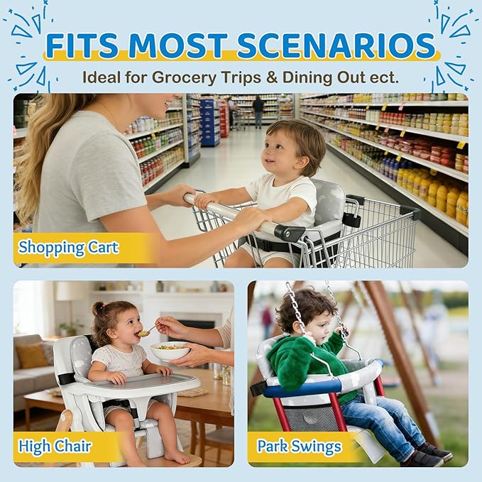 Portable Baby Shopping Cart Seat, High Chair Cover for Outdoor Hygiene and Safety, One-Hand Installation Cart Seat Cover, Comfortable and Supportive Foam-Padded, Grocery Cart Baby Seat