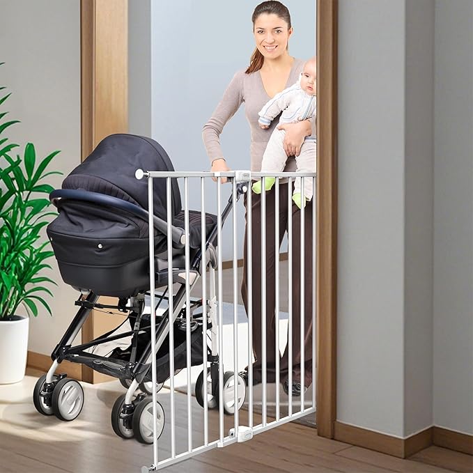 Adjustable Baby Safety Swing Gate, Hardware-Mounted Metal Gate for Stairs and Doorways, Secure Latch for Kids and Pets (White, 24"-40.5" W x 28.75" H)
