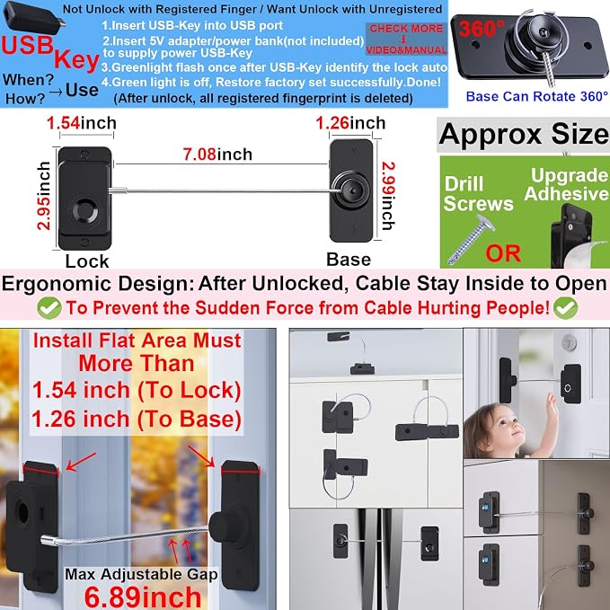 Fingerprint Refrigerator Lock Child Safety No Drill 20 Users | Biometric Latch for Adults Teens Pet, Emergency USB Key, for RV Cabinet French Fridge Freezer Drawer Window, Adhesive / Screw