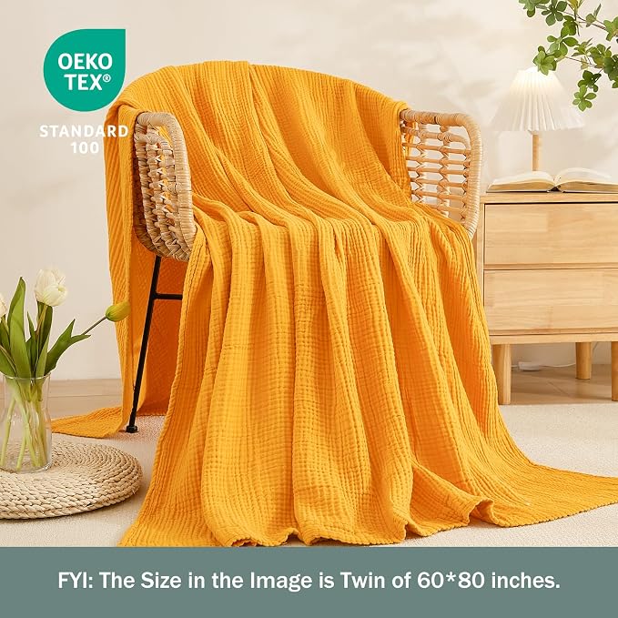 EMME Cotton Throw Blanket for Couch Mustard Yellow Soft Muslin Blankets 50"x60" Lightweight Breathable