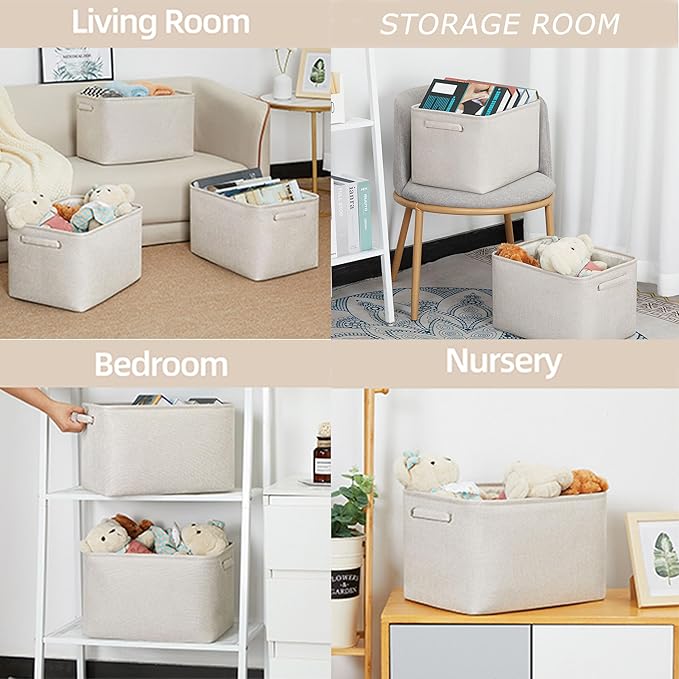 HNZIGE Large Fabric Storage Baskets for Storage 3 Pack Shelf Closet Storage Bins Baskets for Organizing Linen Cloth Decorative Baskets Organizers Home Nursery Toy Cream 15“ x 11” x 9“