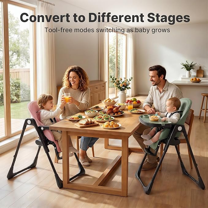 Baby High Chair, Convertible Folding Highchair with Dishwasher-Safe Tray, Adjustable Heights & Backrest, 5-Point Harness, Portable Dining High Chairs for Babies and Toddlers (Sage Green)