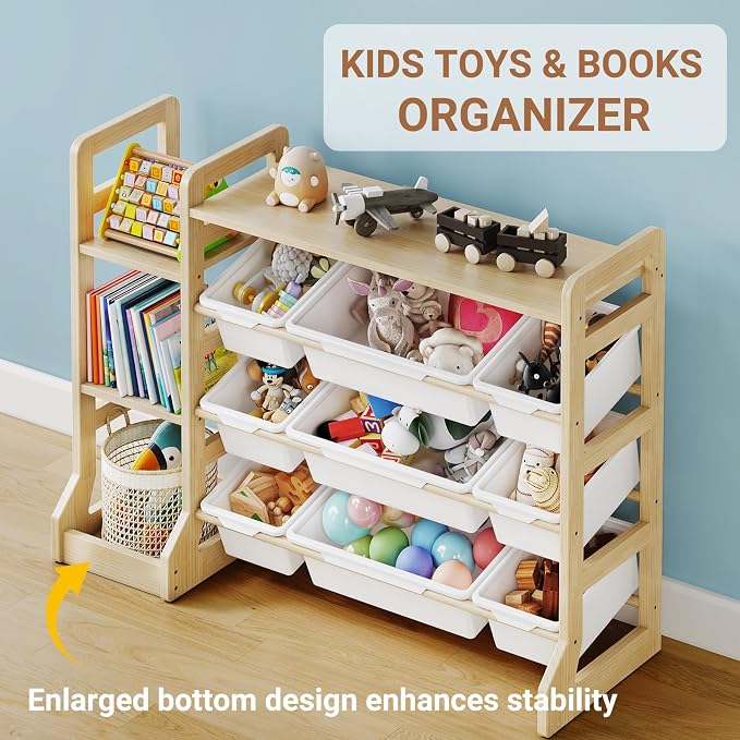Kids Toy Storage Organizer with Bookshelf, Wooden Toy Shelf with 3 Open Shelves and 9 Removable Bins, Extended Base Sturdy Storage Cabinet for Playroom, Kids Room, Nursery Organization