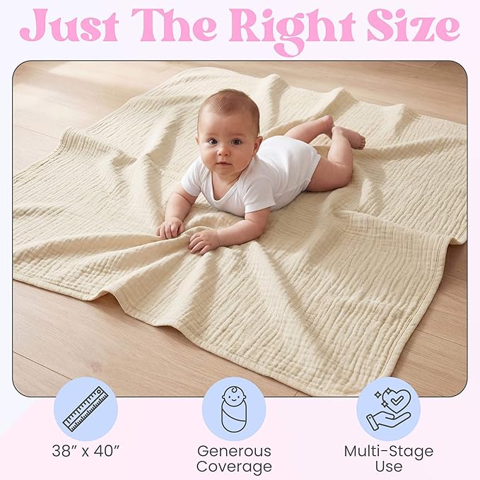 Mère & Moi: Muslin Baby Blanket ??2 Pack, Peach & Cream - 40x36", Double Layer Cotton Swaddle, Lightweight-Breathable, Oeko-TEX, Newborn-Toddler Wrap