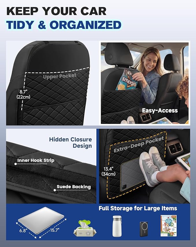Seat Back Protectors for Kids, Car Kick Mats for Back of Front Seats with Large Pocket Organizer, Waterproof, Protects Against Dirt, Scuffs & Scratches, Fits Most Vehicles, 2PCS (Beige)