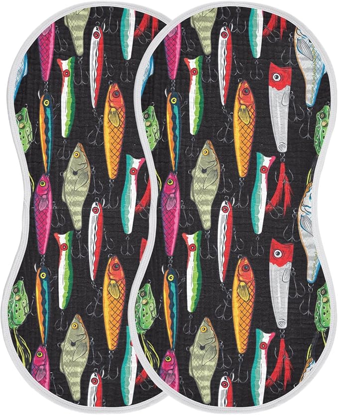 Colorful Fishing Lures Muslin Burp Cloths for Baby Boys and Girls - 2-Pack Ultra Absorbent Muslin Washcloths, Newborn Towel, Milk Spit Up Rags, Burp Cloth Bibs, 22 x 11 Inch