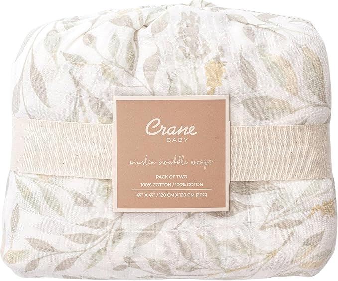 Crane Baby Swaddles for Newborns, Set of 2 Baby Swaddle Blanket, Dainty Leaf, 100% Cotton Muslin Swaddles, Newborn Essentials, Gender Neutral Baby Items, Receiving Blankets, Infant Blanket, 47" x 47"