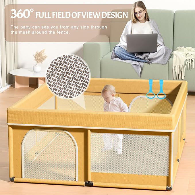 Omzer Baby Playpen with Mat 71"×59" - Extra Large Playpen for Babies and Toddlers with Mat Included, Safety Playard for Baby with Gate, All-Wrapped Soft Sponge Baby Gate Playpen with Stable Mat Velcro