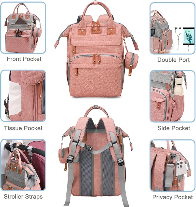 SHITIESHOU Diaper Bag Backpack Baby Bag for Mom Dad with Changing Pad, 19 Pockets, Large Waterproof Travel Baby Girl Boy Toddle Diaper Bag with Insulated Pocket, Baby Shower Gifts, Pink