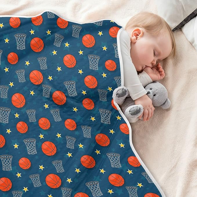 Ollabaky Sports Theme Basketball Baby Blanket for Boys Girls Cotton Throw Blanket Swaddle Blanket for Crib Stroller Nursery Receiving Blanket Infant Toddler Unisex 30"x40"