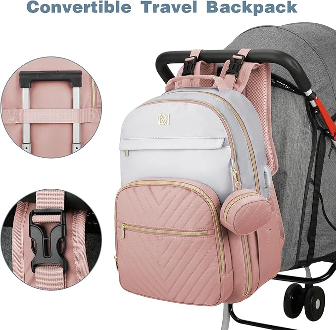 MOMUVO Diaper Bag Backpack, Quilted Baby Bag with Changing Pad & Stroller Straps & Pacifier Case, Large Travel Diaper Bags for Mom Dad, Pink Grey