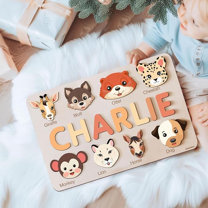Personalized Animal Name Puzzle for Baby Boys & Girls, Handmade Wooden Toy, Custom Baby Gift, First Christmas or Birthday Present, 1 Year Old Gifts
