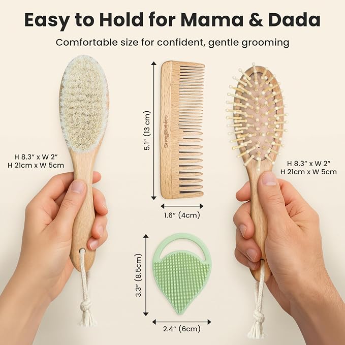 Baby Hair Brush & Comb Set for Newborns - Gentle Goat-Hair & Bamboo Bristle Hairbrushes with Easy Grip Wooden Handles - 7-Pack Baby Brush Set with a Cotton Travel Pouch - Gifts for Boys & Girls