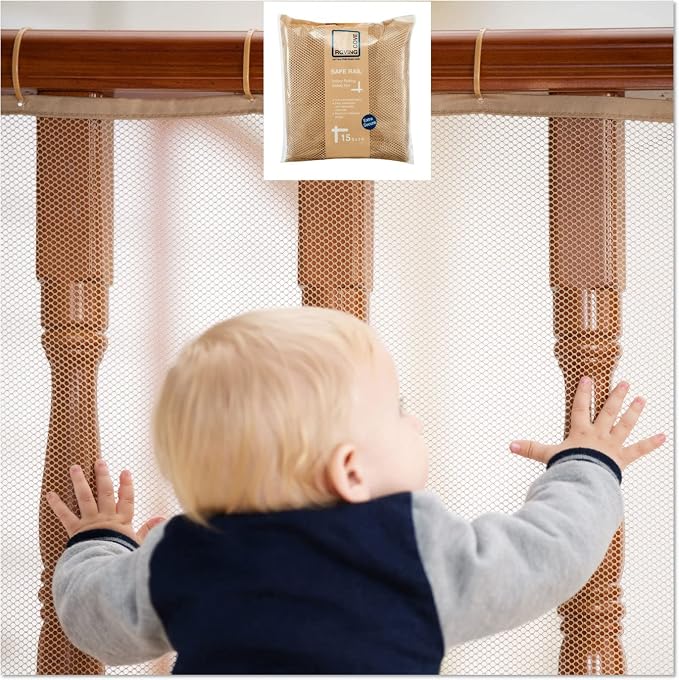 Roving Cove Stair Banister Guard 15ft x 3ft, Railing Safety Net for Baby Proofing, Child Safety Stairway Cover, Balcony Mesh Netting, Almond Brown