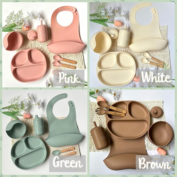 Personalized Silicone Baby Weaning Set,Custom Weaning Set for Toddler,Baby Feeding Set，Suction Plate Bowl Set, Self Feeding Spoons, Bib, Cup, Baby Led Weaning Supplies (Turquoise)