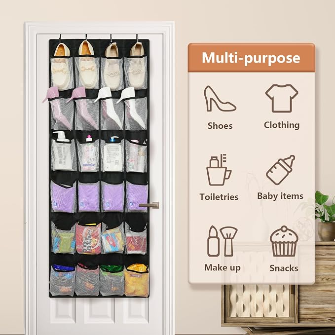 FENTEC 2 Pack Large Over The Door Shoe Organizer, 24 Pockets Mesh Hanging Shoe Organizers, Over Door Organizer, Black