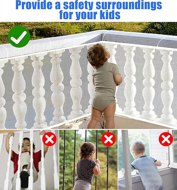 Baby Gate for Stairs, Banister Guard for Kids, Pets, Toys, 2 Set 15ft L x 2.66 ft HMesh Netting Safety Net for Balcony Rail Stair, Stairway Net Safety Products for Indoor & Outdoor (White)