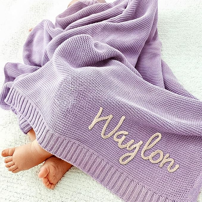 Luxury Personalized Name Baby Blanket, Hand-Embroidered Name Baby Blanket, Soft Breathable Cotton Knit Kids Blankets, Newborn Kid Gift, New Mom Gifts, Newborn Kids Girl & Boy Gift 8