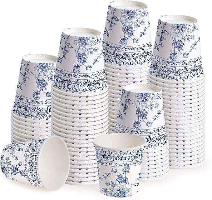 WRAPAHOLIC 3oz Paper Cups - 100 Pack Disposable Bathroom Cups with Sketch Blue Floral Design, Small Mouthwash Cup for Toothbrush Rinse, Home Bathroom, Picnic, BBQ, Travel and Party